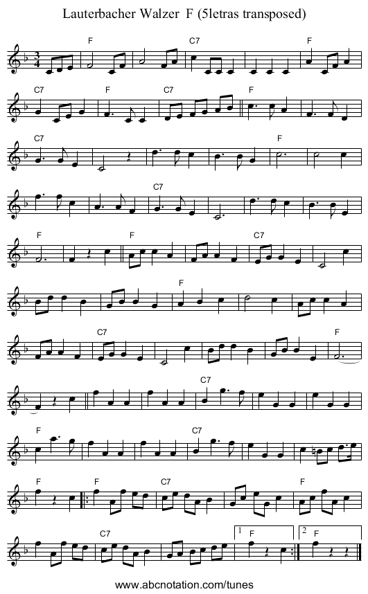 Lauterbacher Walzer  F (5letras transposed) - staff notation