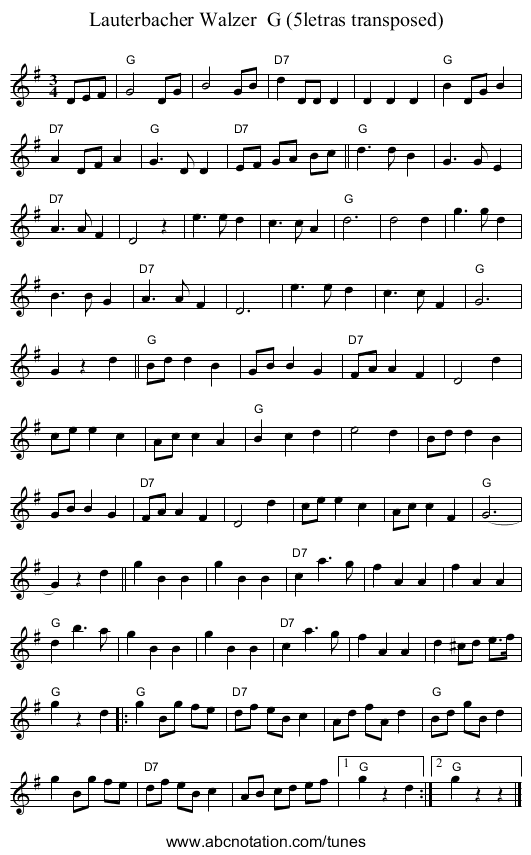 Lauterbacher Walzer  G (5letras transposed) - staff notation