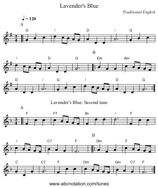 Lavender's Blue - staff notation