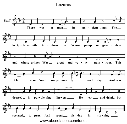 Lazarus - staff notation