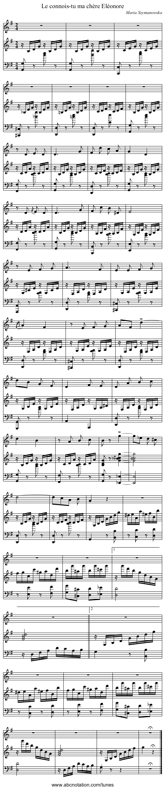 Le connois-tu ma chère Eléonore - staff notation