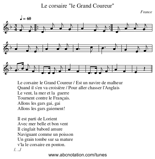 Le corsaire le Grand Coureur - staff notation