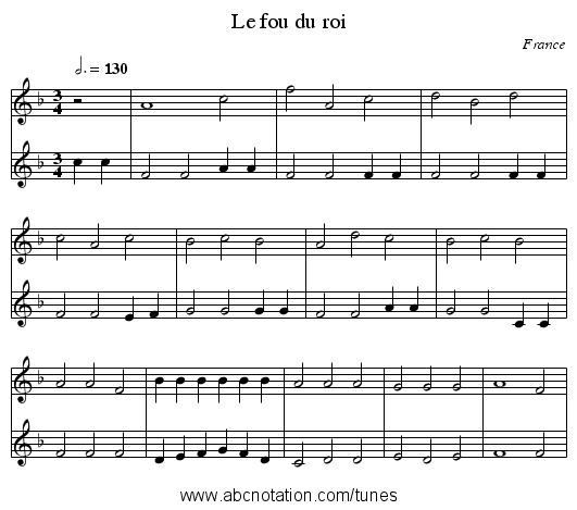 Le fou du roi - staff notation