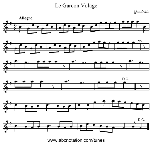 Le Garcon Volage - staff notation