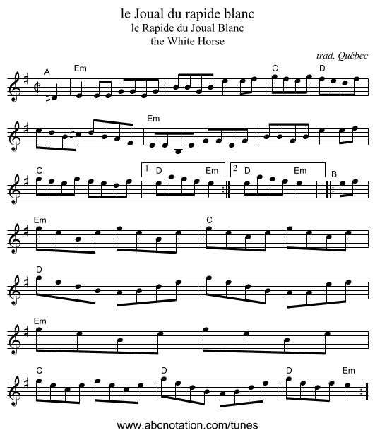 le Joual du rapide blanc - staff notation