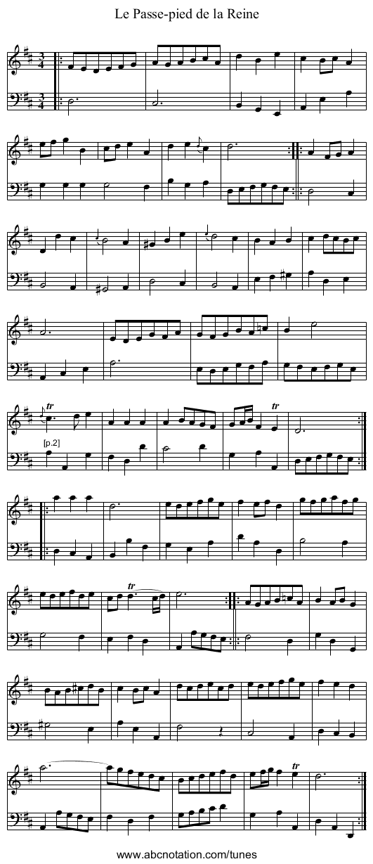 Le Passe-pied de la Reine - staff notation