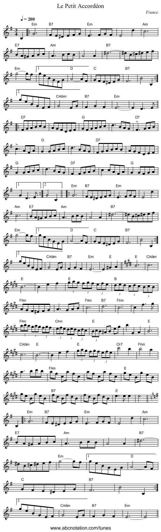 Le Petit Accord&eacute;on - staff notation