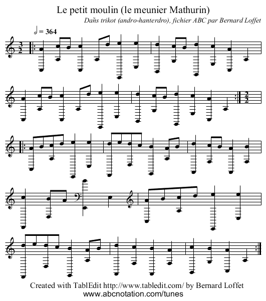 Le petit moulin (le meunier Mathurin) - staff notation