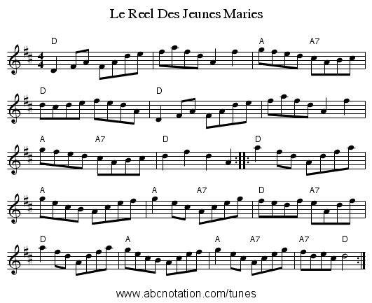 Le Reel Des Jeunes Maries - staff notation