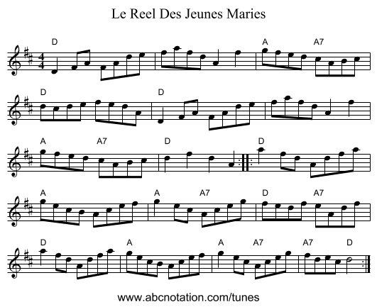 Le Reel Des Jeunes Maries - staff notation
