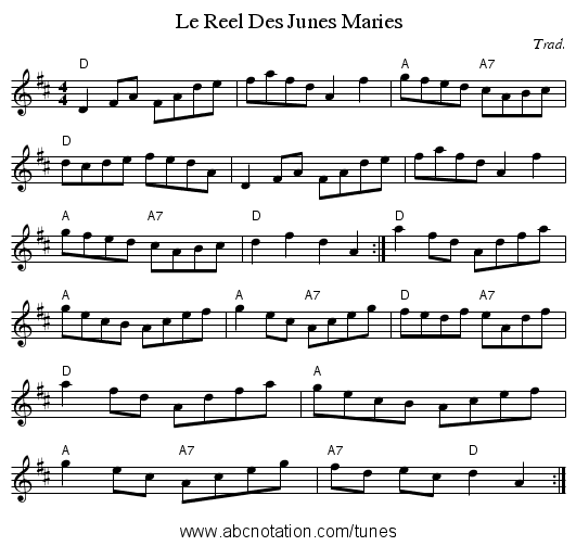 Le Reel Des Junes Maries - staff notation