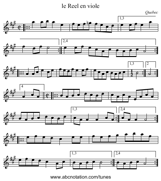 le Reel en viole - staff notation