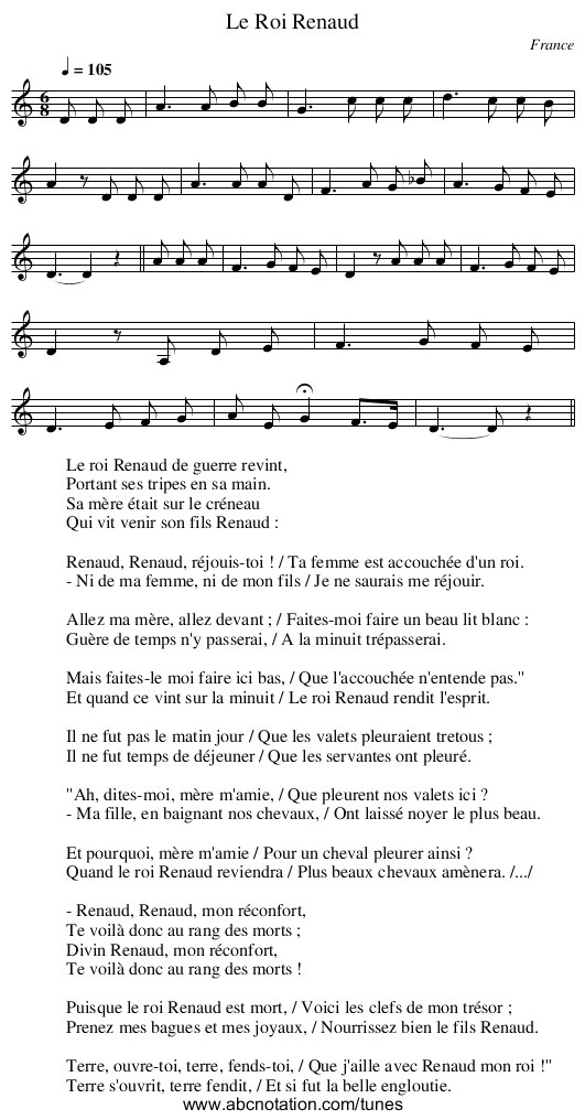 Le Roi Renaud - staff notation