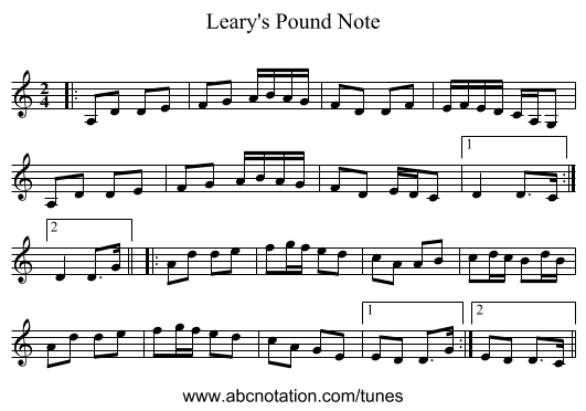 Leary's Pound Note - staff notation