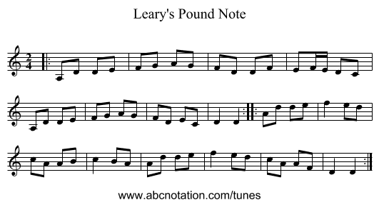 Leary's Pound Note - staff notation