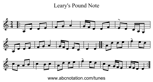 Leary's Pound Note - staff notation