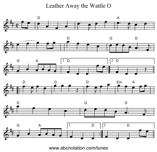 Leather Away the Wattle O - staff notation