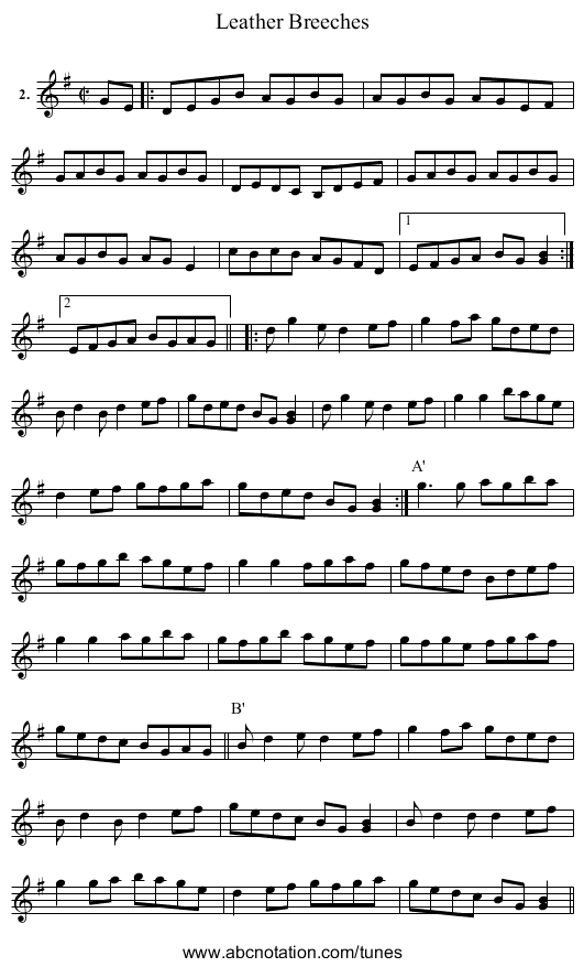 Leather Breeches - staff notation