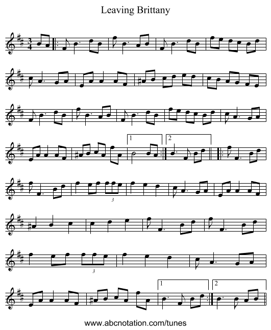 Leaving Brittany - staff notation