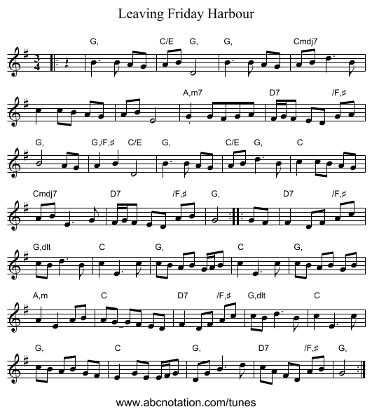 Leaving Friday Harbour - staff notation
