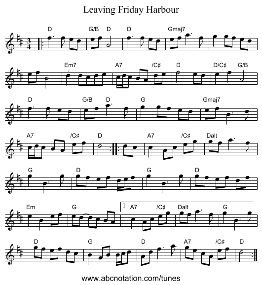 Leaving Friday Harbour - staff notation
