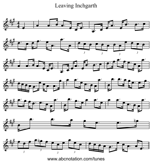 Leaving Inchgarth - staff notation