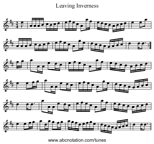 Leaving Inverness - staff notation