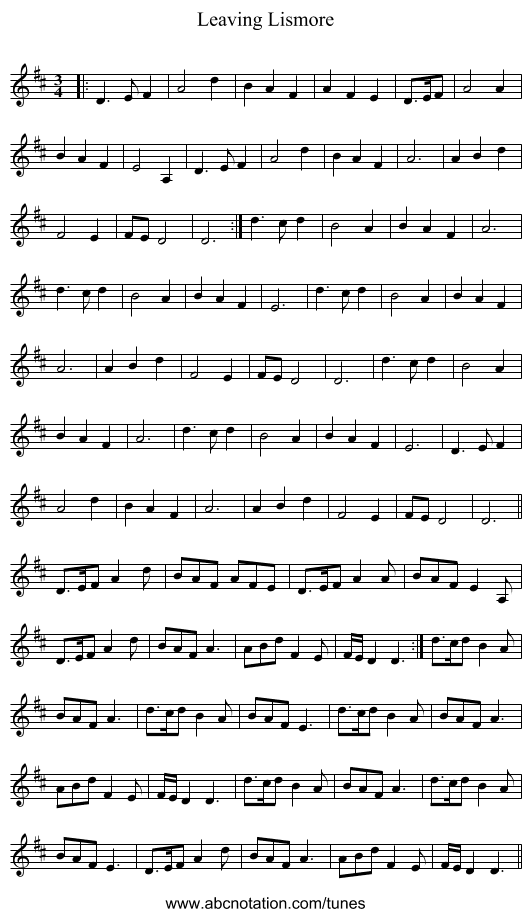 Leaving Lismore - staff notation