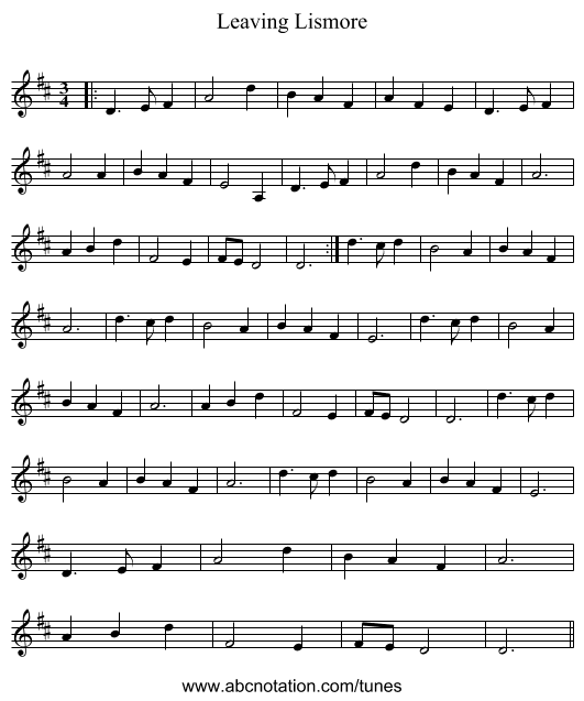 Leaving Lismore - staff notation