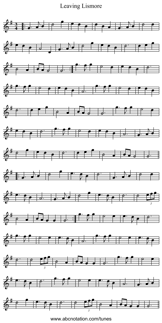 Leaving Lismore - staff notation