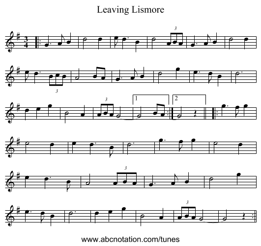 Leaving Lismore - staff notation