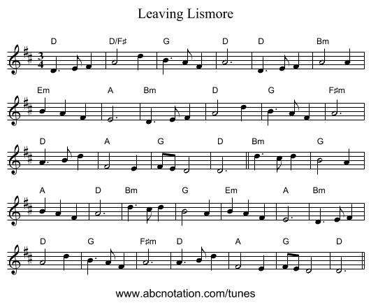 Leaving Lismore - staff notation
