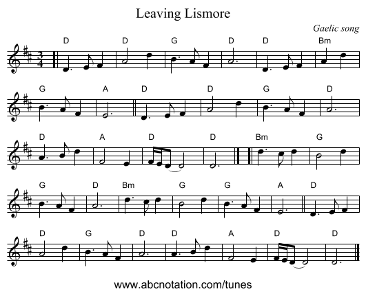 Leaving Lismore - staff notation