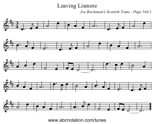 Leaving Lismore - staff notation