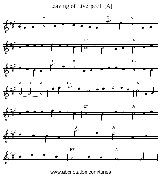 Leaving of Liverpool  [A] - staff notation
