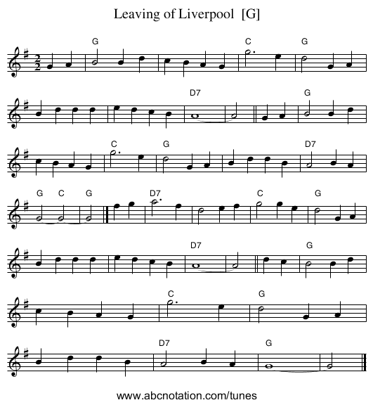 Leaving of Liverpool  [G] - staff notation