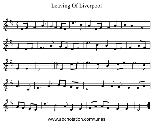 Leaving Of Liverpool - staff notation