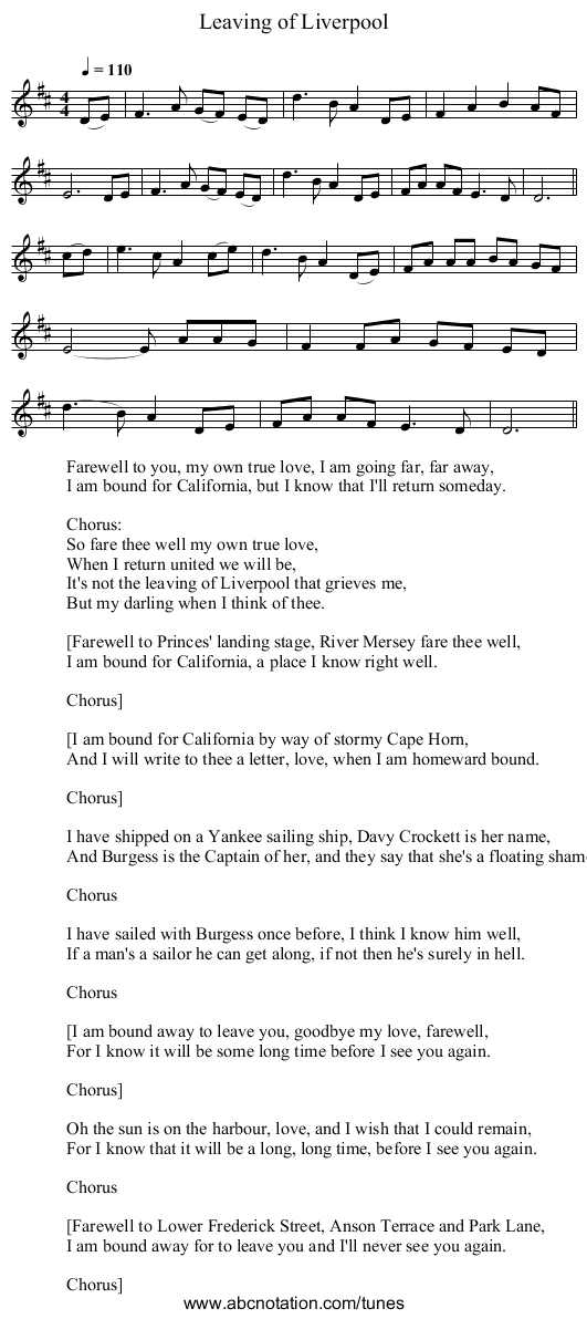 Leaving of Liverpool - staff notation