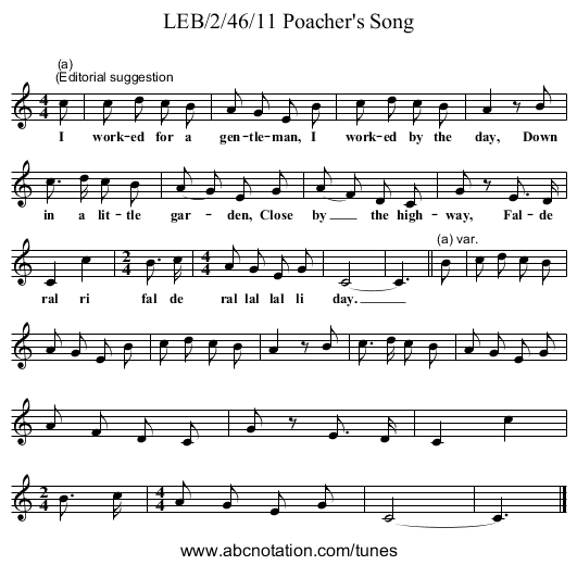 LEB/2/46/11 Poacher's Song - staff notation