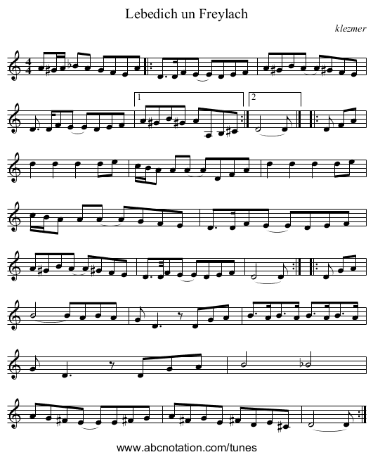 Lebedich un Freylach - staff notation