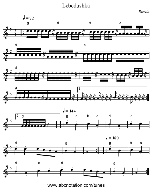 Lebedushka - staff notation