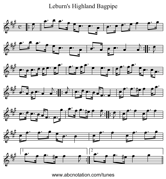 Leburn's Highland Bagpipe - staff notation