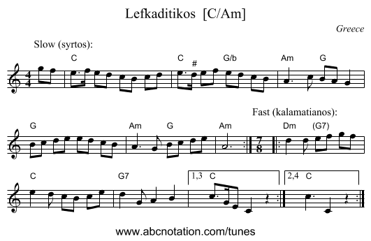 Lefkaditikos  [C/Am] - staff notation