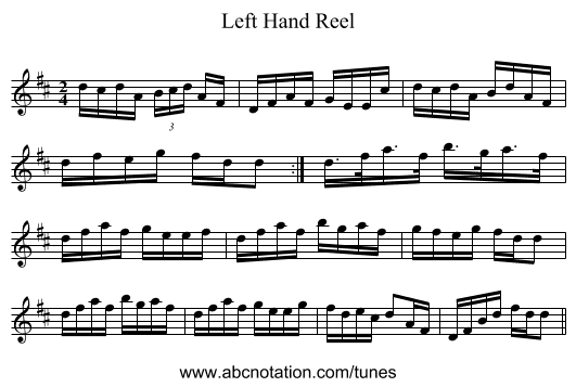 Left Hand Reel - staff notation