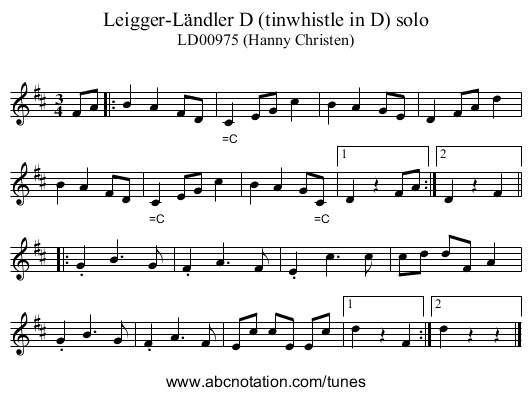 Leigger-L&auml;ndler D (tinwhistle in D) solo - staff notation