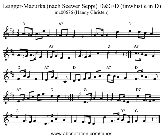 Leigger-Mazurka (nach Seewer Seppi) D&G/D (tinwhistle in D) - staff notation