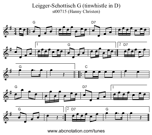 Leigger-Schottisch G (tinwhistle in D) - staff notation