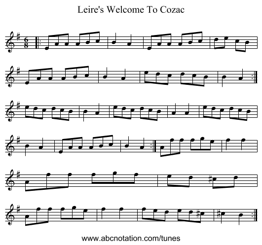 Leire's Welcome To Cozac - staff notation