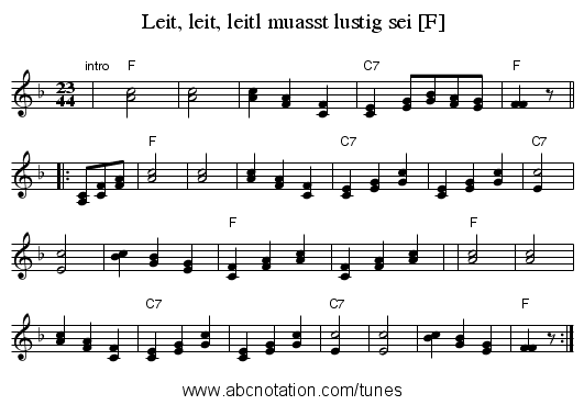 Leit, leit, leitl muasst lustig sei [F] - staff notation