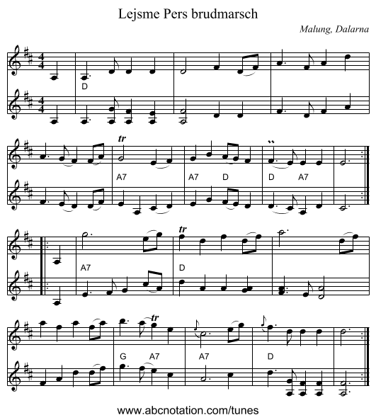 Lejsme Pers brudmarsch - staff notation